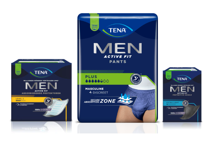 TENA MEN Protective Shield, TENA MEN Active Fit Pants Plus und TENA MEN Absorbierende Protektoren Level 2 TENA MEN Protective Shield, TENA MEN Active Fit Pants Plus und TENA MEN Absorbierende Protektoren Level 2